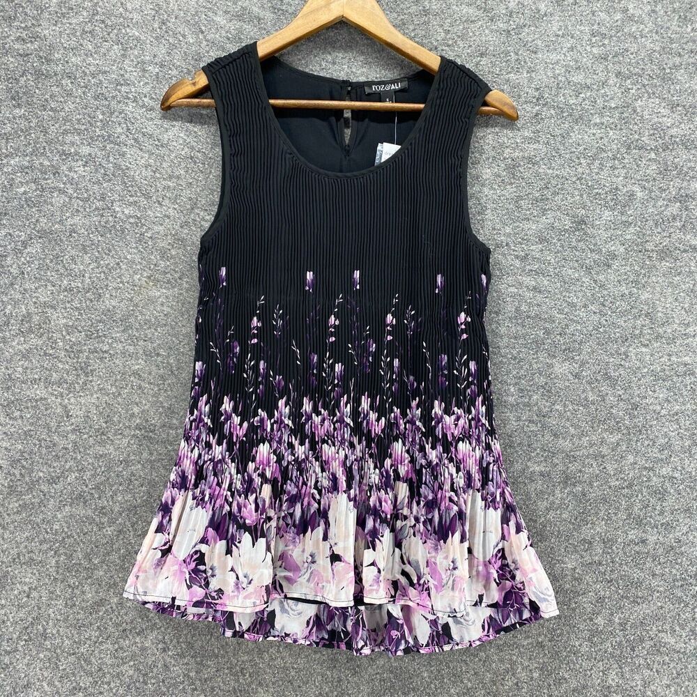 New Roz & Ali Blouse Women S Small Black Floral Sleeveless Wide Strap Hook & Eye